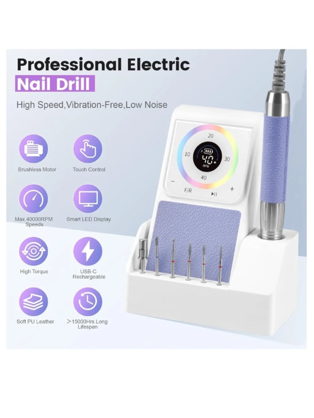 Professional Purple And White Nail Drill 40,000 RPM Cordless Rechargeable